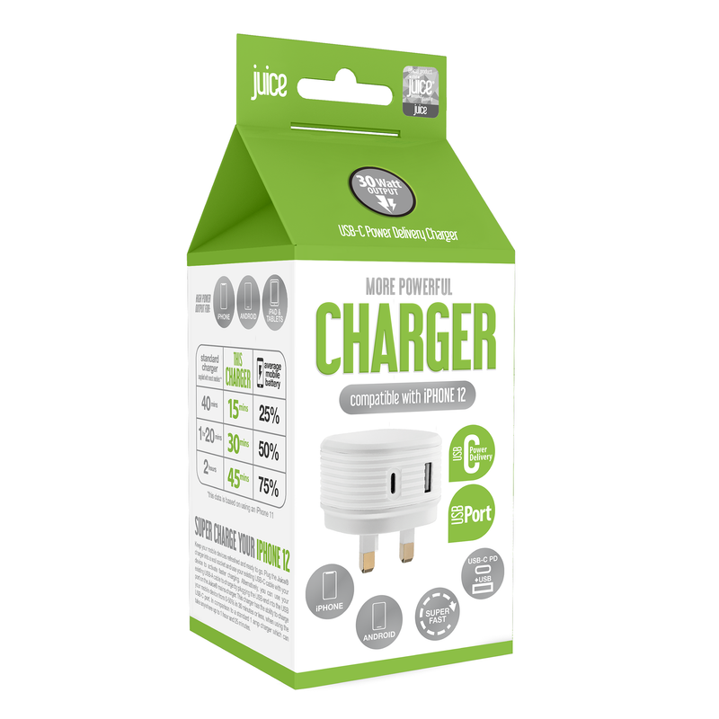 Juice 30W Dual Port Fast Charger Plug – White