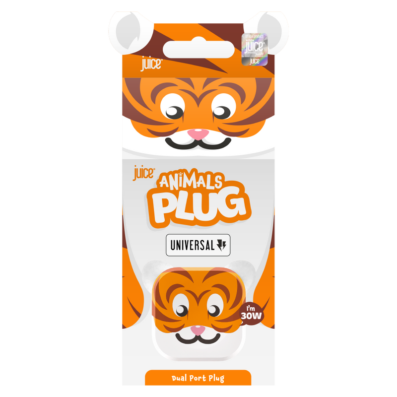 Juice Animals 30W Dual Port USB-A/C PD Plug - Tiger